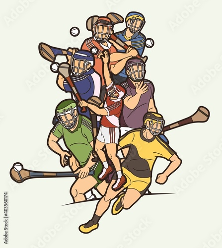 Group of Hurling sport players action. Irish Hurley sport cartoon graphic vector.