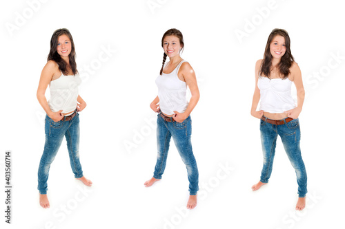 Three full length portraits of a laughing young woman wearing blue jeans and white top, isolated on white studio background