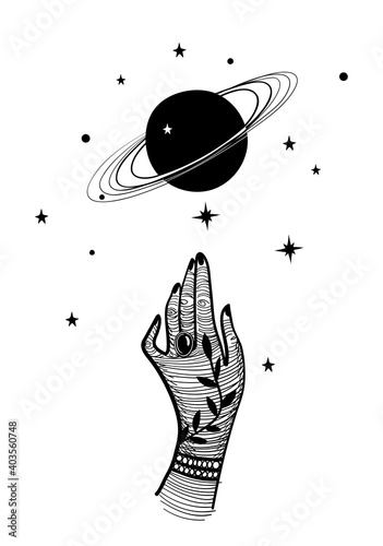 Mystical illustration with a female hand and planet with rings. Saturn and palm in vintage design, vector hand drawn illustration isolated on white background. Boho tattoo.
