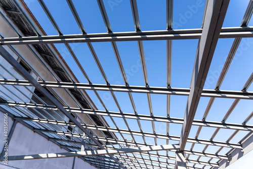 Steel roof frame for building under construction site.