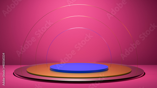 Shiny pedestal podium. Abstract 3d concept illuminated pedestal by spotlights. Perfect image for fashion, clothes or cosmetics. Place your object or product on pedestal. 3d rendering