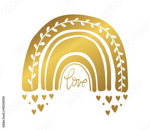 Abstract illustration of rainbow with hearts, vintage gold foil design in boho style, cute tattoo. Modern clip-art. Simple vector illustration isolated on white background.
