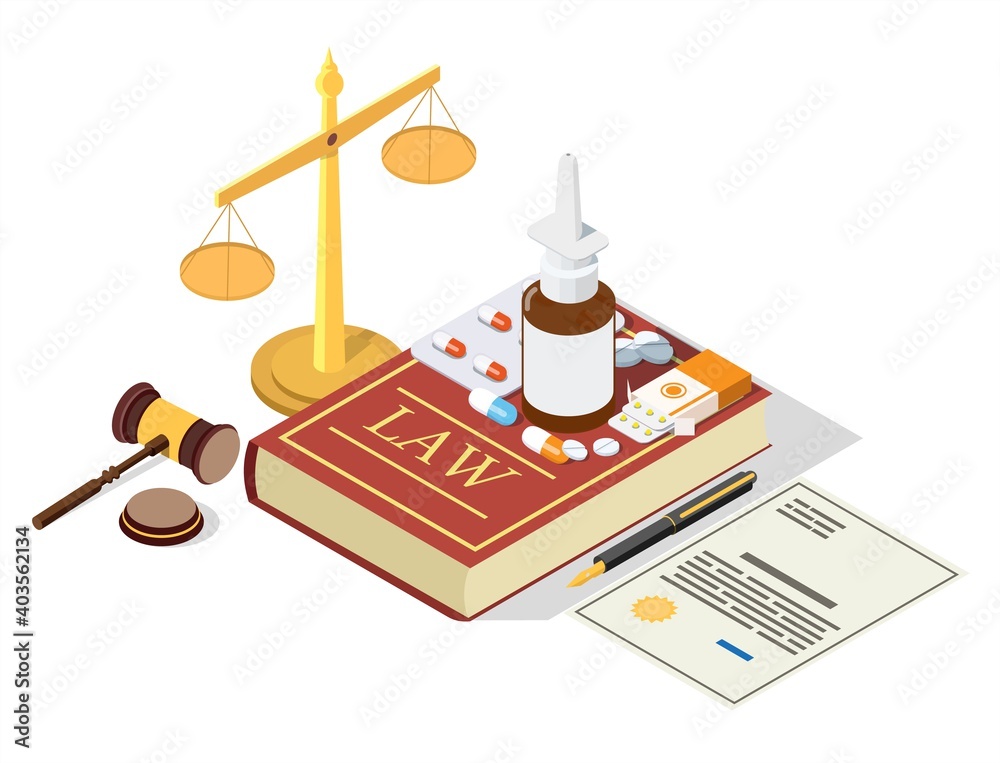 Isometric medicine drugs on the Law book, scales of justice, judge gavel, flat vector illustration. Medical, pharmaceutical law. - obrazy, fototapety, plakaty 