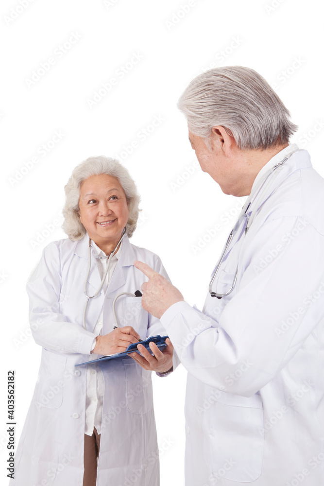 Standing portraits of two elderly senior doctors