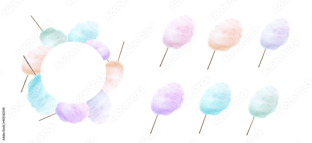 Set of Sweet circle frame with colorful Cotton candies drawing - watercolor painting. Set of Sweet circle frame with colorful Cotton candies drawing - watercolor painting.