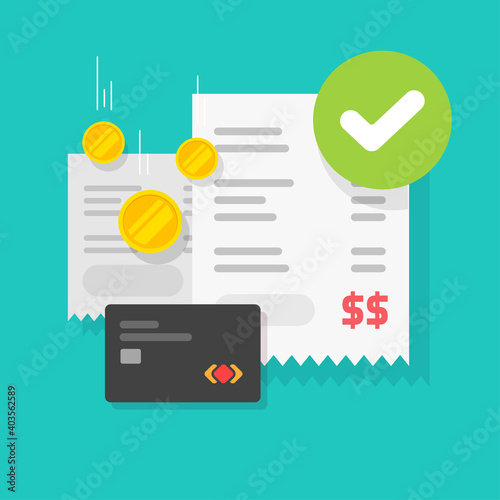Payment transaction success approved check mark notice on receipt bill invoice via credit bank card vector flat cartoon icon, completed money transfer, valid verified checkmark on successful paid