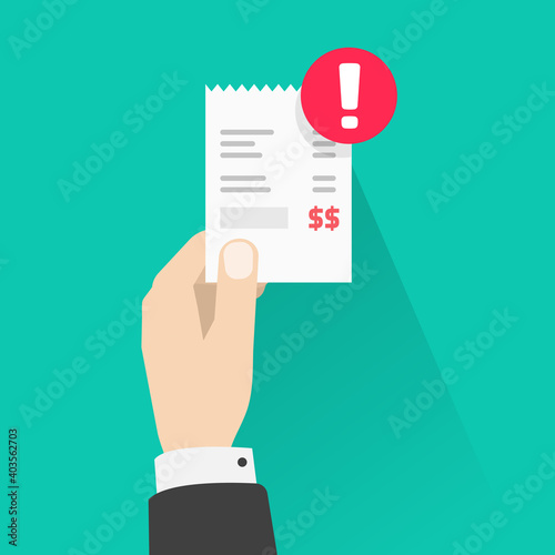 Past due payment, bill pay overdue invoice notice vector flat cartoon illustration, unpaid paper receipt in person holding hand with deadline urgent notification receive or give