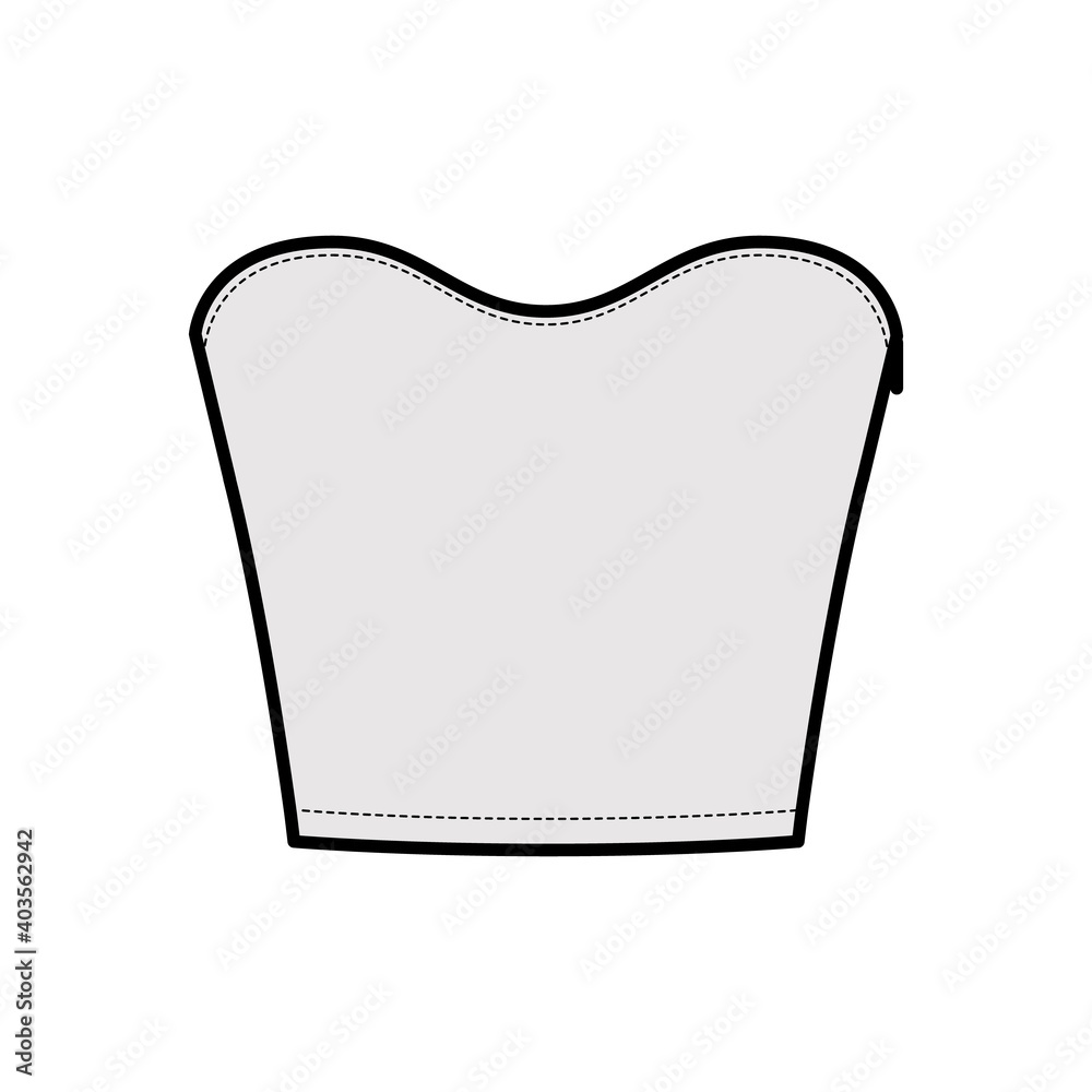 Top crop strapless scoop neckline technical fashion illustration with slim fit, waist length. Flat apparel shirt outwear template front, grey color. Women men unisex CAD mockup