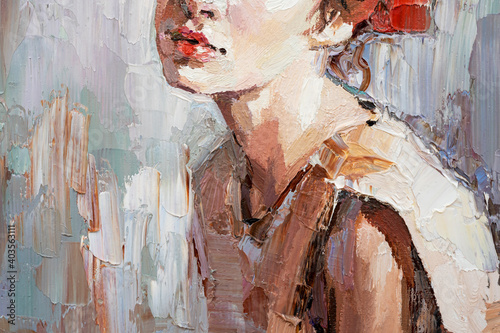 .Fragment of a portrait of a young beautiful girl with red lips. Oil painting on Fototapet