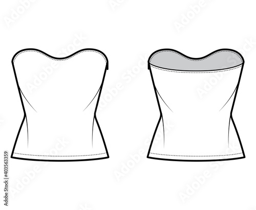 Top crop strapless scoop neckline technical fashion illustration with slim fit, waist length. Flat apparel shirt outwear template front, back, white color. Women men unisex CAD mockup