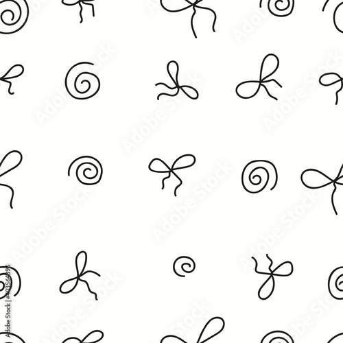 Small bows and spiral seamless pattern isolated on white background. Design elements for print, textile, packaging paper, background.