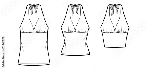 Set of Tops empire seam and tieback halter tank technical fashion illustration with close-fitting, oversized shape, crop, tunic length. Flat template front, white color. Women unisex CAD mockup