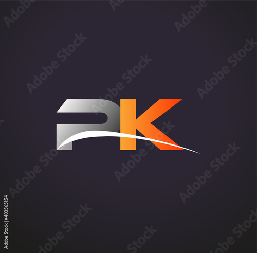 initial letter PK logotype company name colored grey and orange swoosh design. isolated on black background.