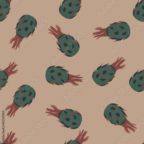 Hand drawn seamless pattern with simple pale blue pitahaya ornament. Pale pink background. Designed for fabric design, textile print, wrapping, cover. Vector illustration.