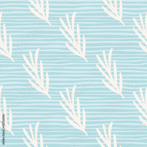 Decorative seamless pattern with white rosemary silhouettes ornament. Blue striped background. Designed for fabric design, textile print, wrapping, cover. Vector illustration.