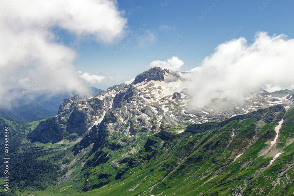Fototapeta premium View of the rocky peak of Mount Fisht in the Caucasus from the slope of Mount Oshten 