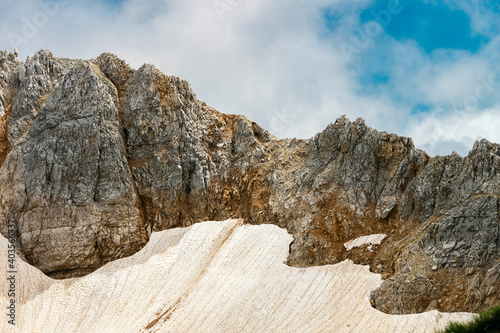 Majestic rocky mountain spurs and gorges in the fog

