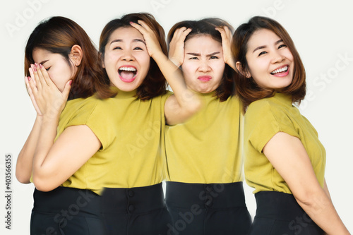 Asian woman having mood swings with different emotions happy, angry feelings on face, multiple personality disorder concept photo
