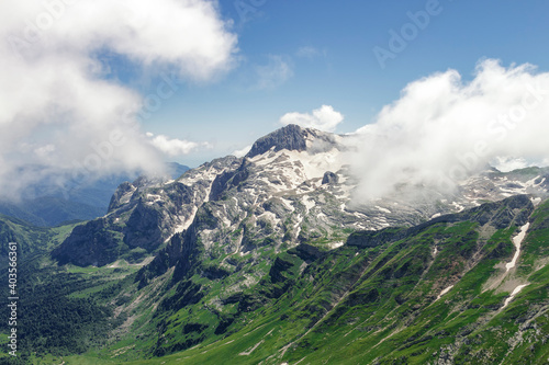 View of the rocky peak of Mount Fisht in the Caucasus from the slope of Mount Oshten 