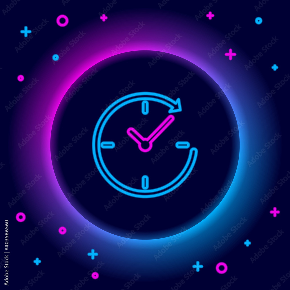 Glowing neon line Clock with arrow icon isolated on black background. Time symbol. Clockwise rotation icon arrow and time. Colorful outline concept. Vector. Glowing neon line Clock with arrow icon isolated on black background. Time symbol. Clockwise rotation icon arrow and time. Colorful outline concept. Vector.