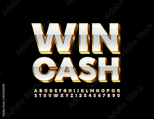 Vector premium sign Win Cash. 3D White and Gold Font. Luxury Alphabet Letters and Numbers set