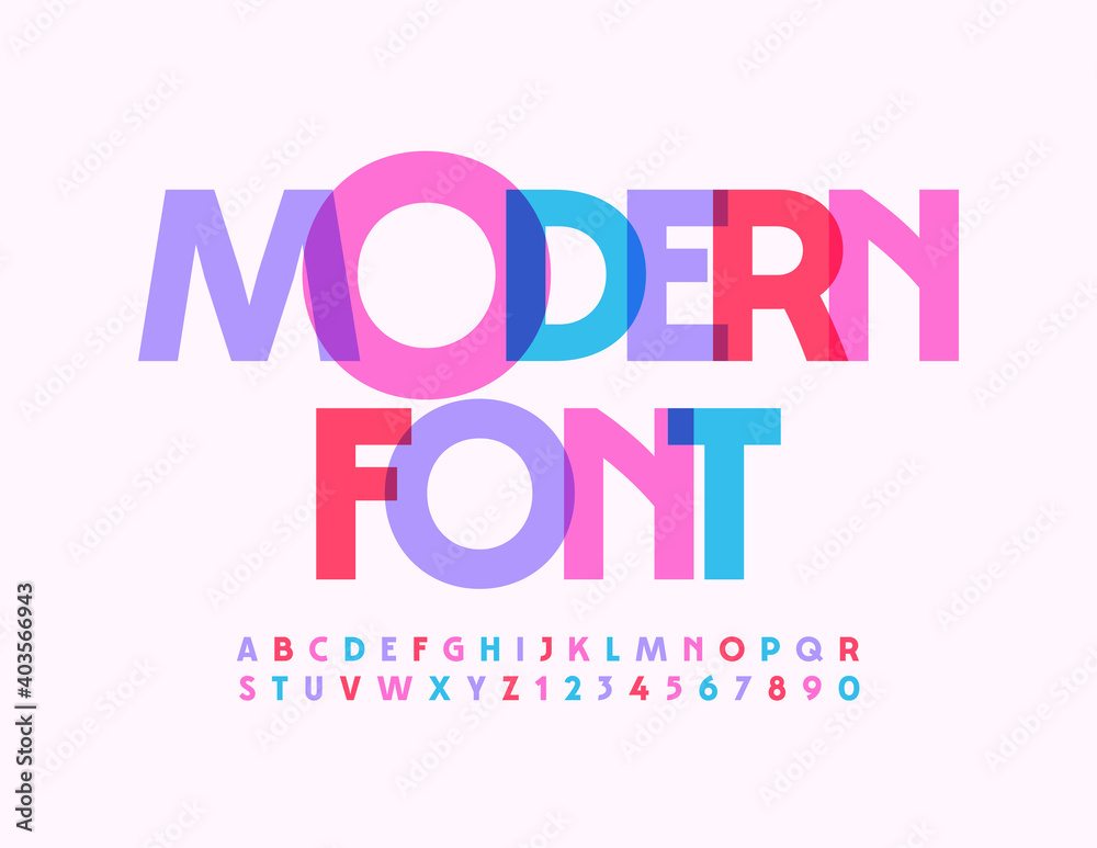 Vector Modern Font. Artistic bright Alphabet. Creative Uppercase Letters and Numbers set