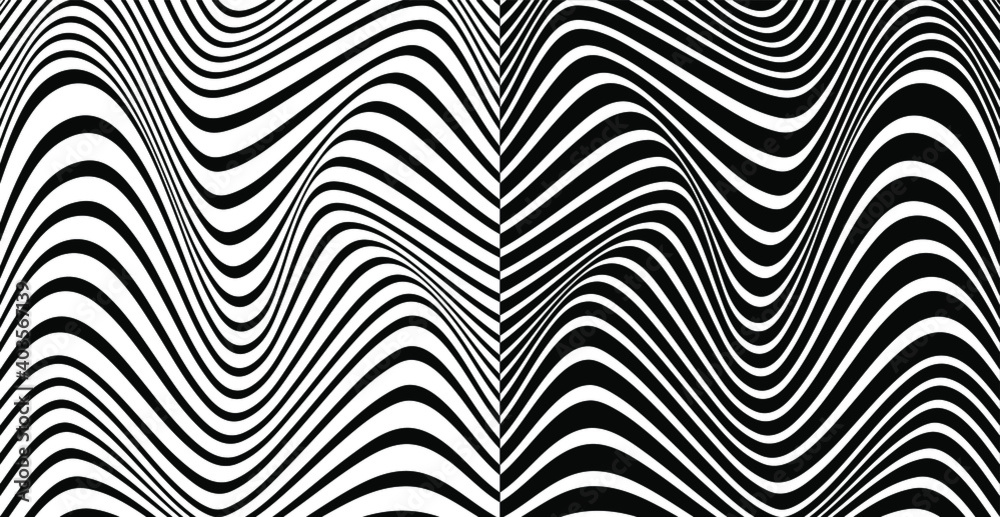 Abstract wavy background. Black and white stripes. Psychedelic, hypnotic line. Vector pattern. Warped waves. Monochrome illustration. Banner, wallpaper, template, print, poster. Ocean, sea concept.