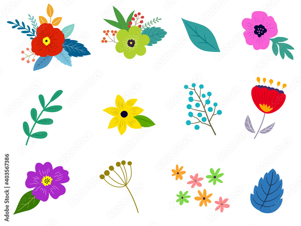 Fototapeta premium 花と花束のイラストセット 春の植物による手描きテイスト