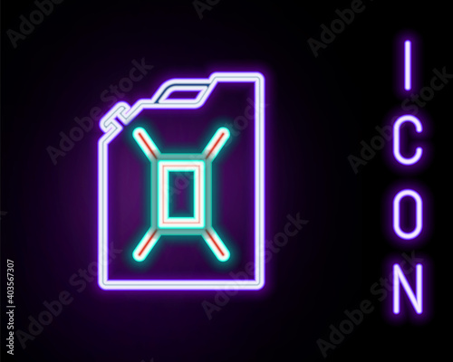Glowing neon line Canister for gasoline icon isolated on black background. Diesel gas icon. Colorful outline concept. Vector.