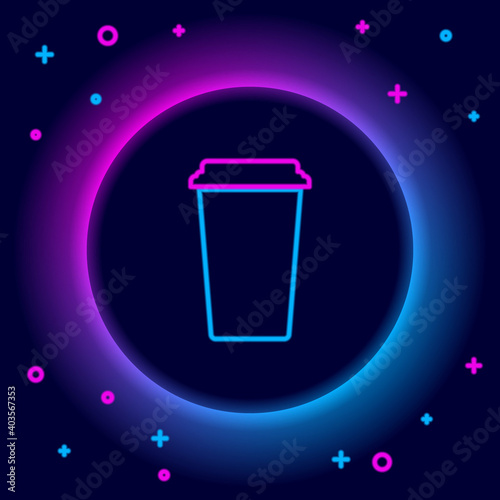 Glowing neon line Coffee cup icon isolated on black background. Disposable coffee cup with hot coffee. Colorful outline concept. Vector.