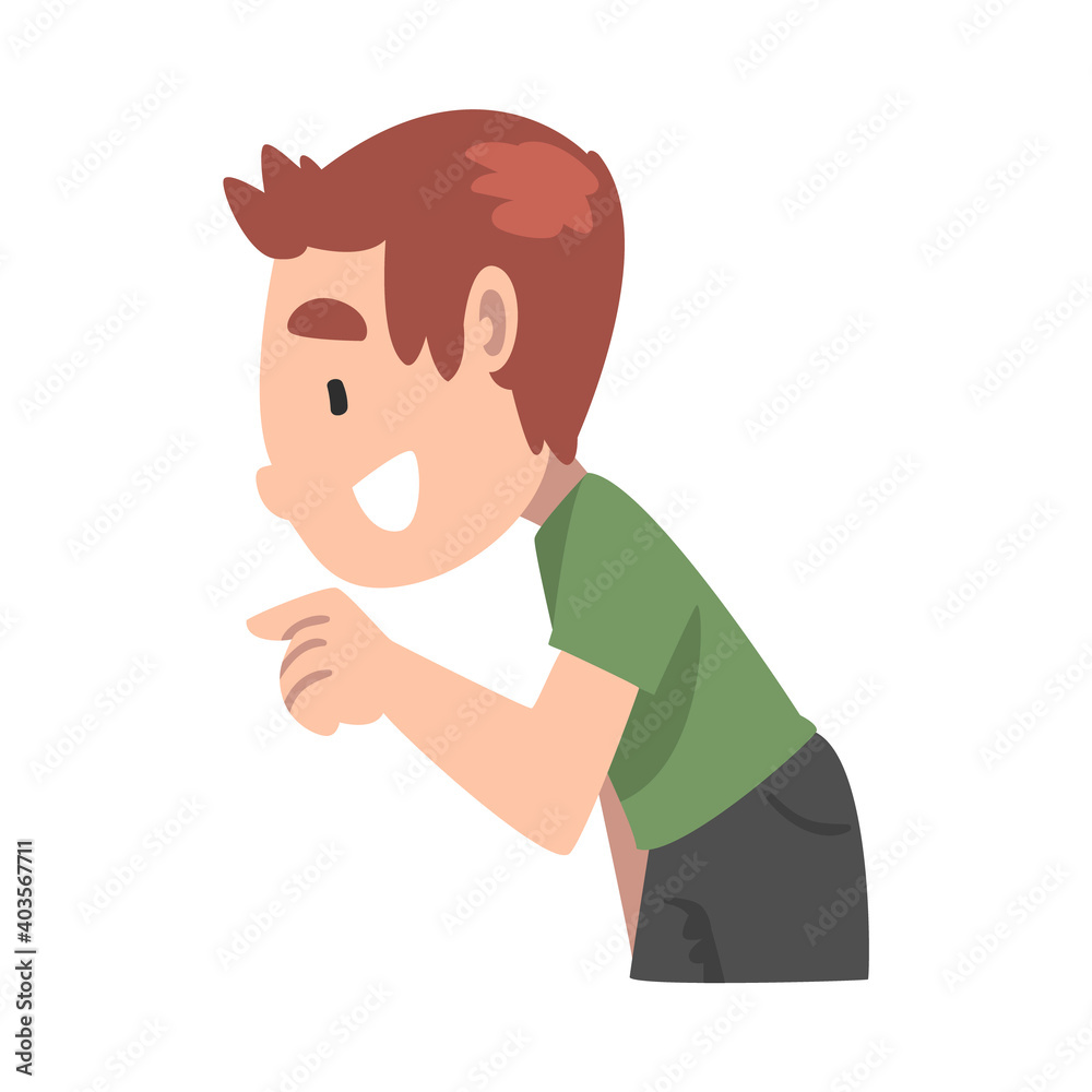 Cute Smiling Boy Pointing with his Finger Cartoon Style Vector Illustration