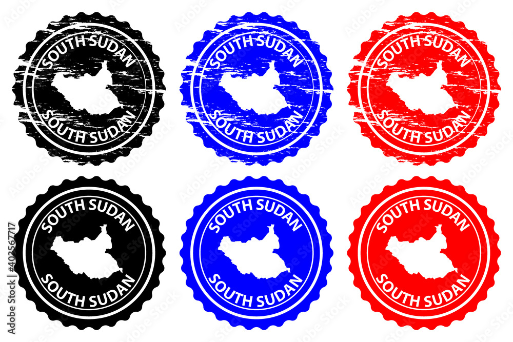 South Sudan - rubber stamp - vector, Republic of South Sudan map pattern - sticker - black, blue and red