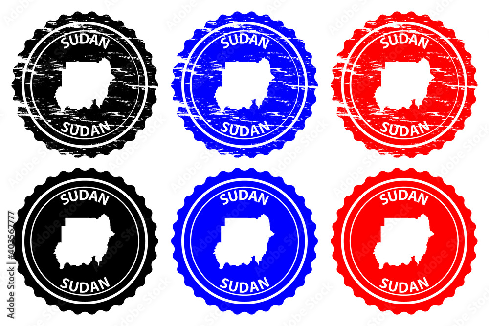Sudan - rubber stamp - vector, Republic of the Sudan (North Sudan) map pattern - sticker - black, blue and red Sudan - rubber stamp - vector, Republic of the Sudan (North Sudan) map pattern - sticker - black, blue and red
