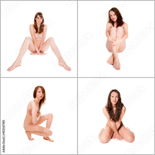 Four beautiful women covering themselves with their legs and arms, their private parts are not visible, isolated in front of white studio background