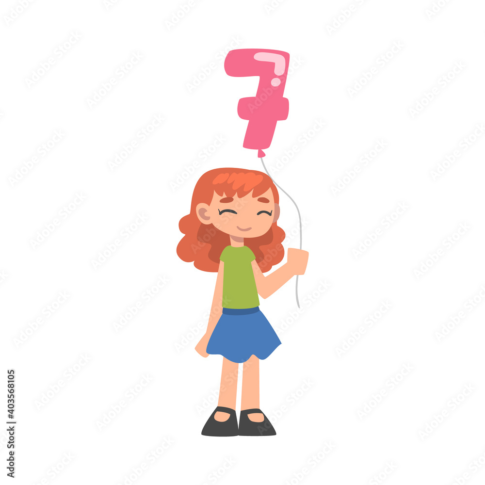 Cute Girl Holding Pink Balloon Shaped as 7 Number Cartoon Style Vector Illustration Cute Girl Holding Pink Balloon Shaped as 7 Number Cartoon Style Vector Illustration