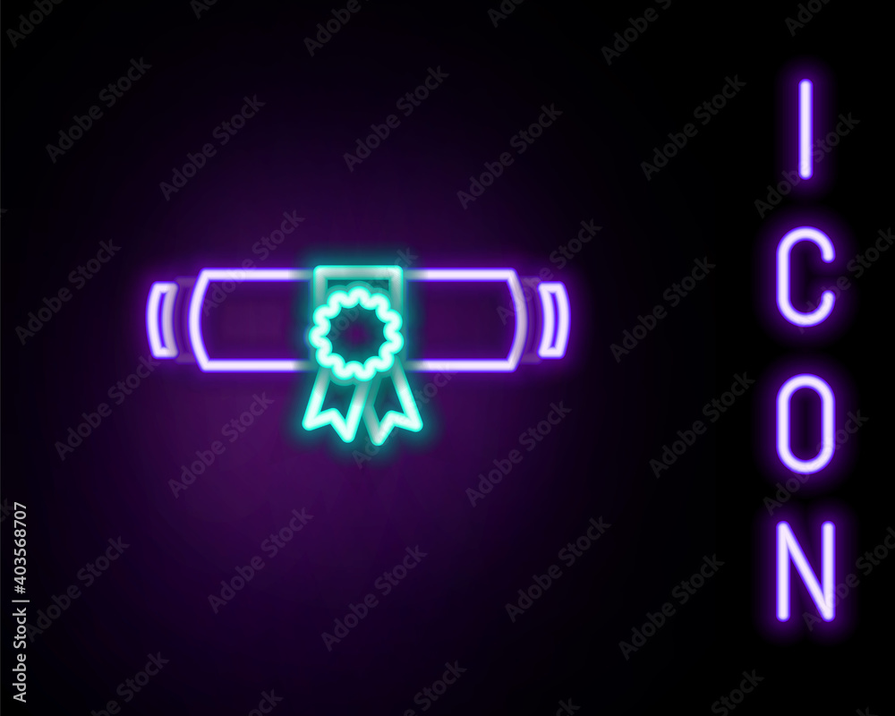 Glowing neon line Diploma rolled scroll with stamp and ribbon icon isolated on black background. Paper scroll with wax seal. Business certificate. Colorful outline concept. Vector. Glowing neon line Diploma rolled scroll with stamp and ribbon icon isolated on black background. Paper scroll with wax seal. Business certificate. Colorful outline concept. Vector.