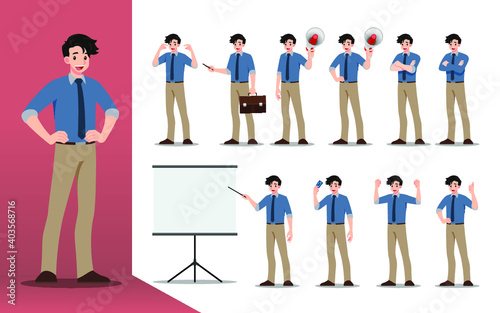 Flat design concept of Businessman with different poses, working and presenting process gestures, actions and poses. Vector cartoon character design set.