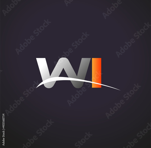 initial letter WI logotype company name colored grey and orange swoosh design. isolated on black background.