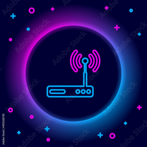 Glowing neon line Router and wi-fi signal symbol icon isolated on black background. Wireless ethernet modem router. Computer technology internet. Colorful outline concept. Vector.