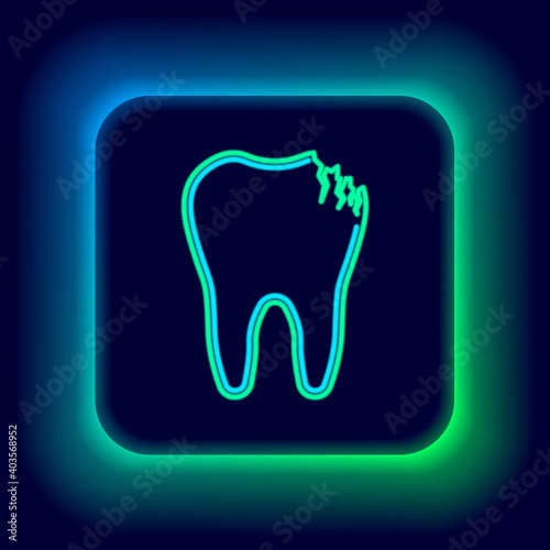 Glowing neon line Broken tooth icon isolated on black background. Dental problem icon. Dental care symbol. Colorful outline concept. Vector.