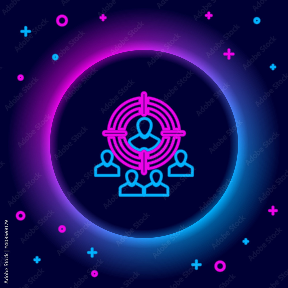 Glowing neon line Marketing target strategy concept icon isolated on black background. Aim with people sign. Colorful outline concept. Vector. Glowing neon line Marketing target strategy concept icon isolated on black background. Aim with people sign. Colorful outline concept. Vector.