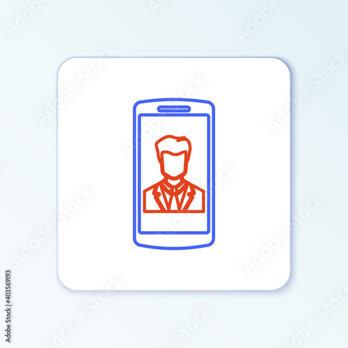 Line Smartphone with contact on screen icon isolated on white background. Incoming call. Human on phone screen. Call contact. Colorful outline concept. Vector.