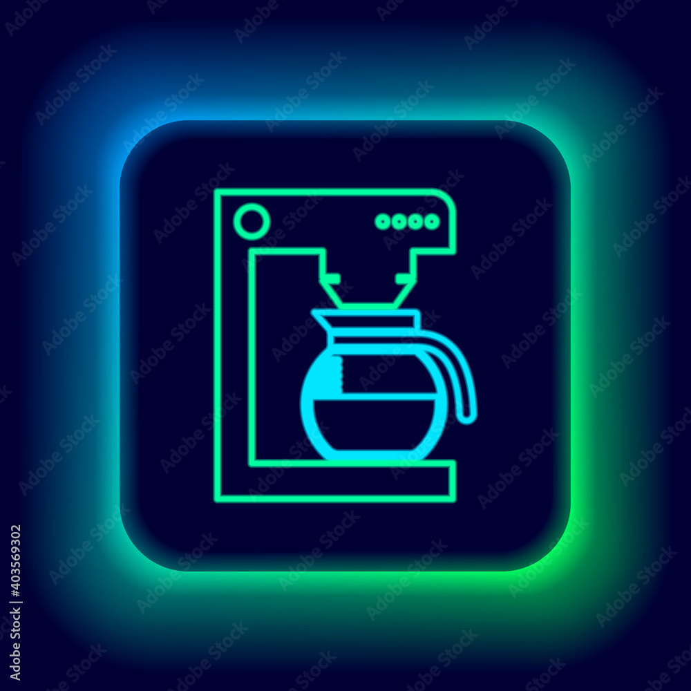 Glowing neon line Coffee machine with glass pot icon isolated on black background. Colorful outline concept. Vector. Glowing neon line Coffee machine with glass pot icon isolated on black background. Colorful outline concept. Vector.