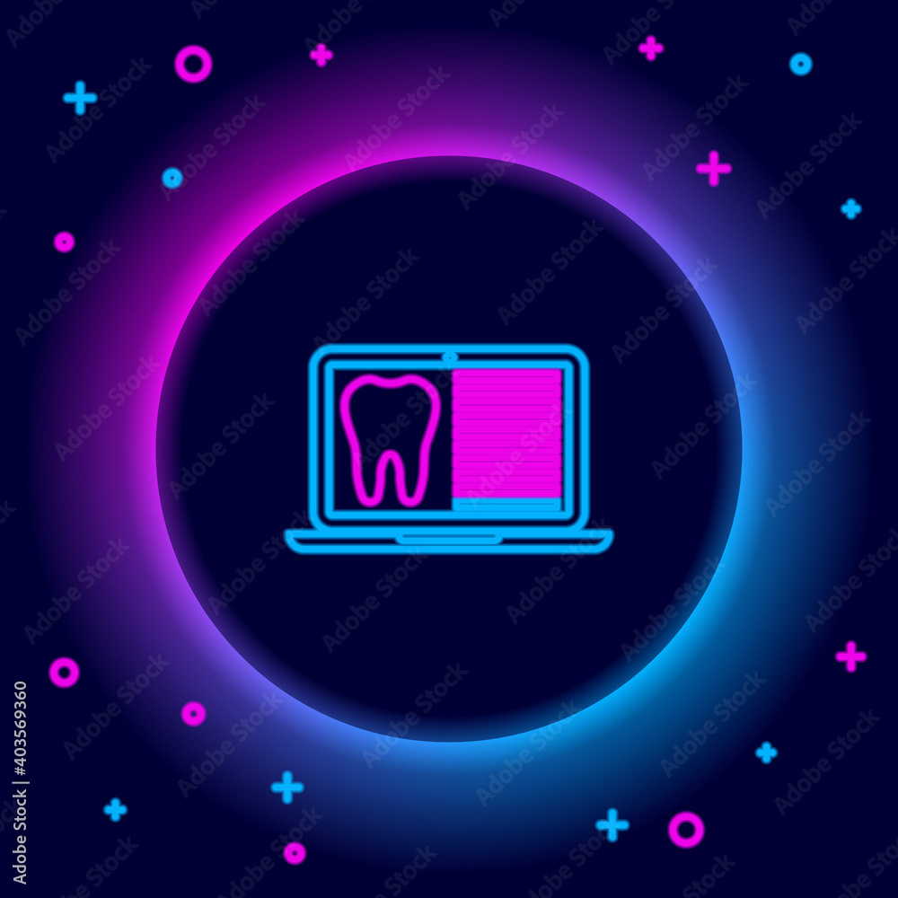 Glowing neon line Laptop with dental card or patient medical records icon isolated on black background. Dental insurance. Dental clinic report. Colorful outline concept. Vector.