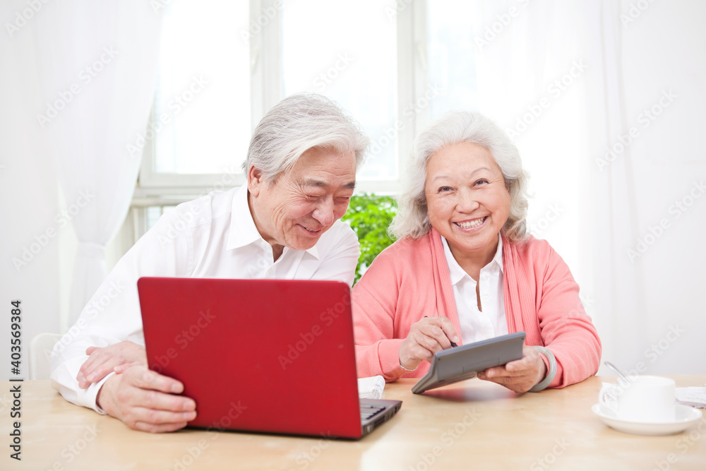 An old couple using laptop and calculator An old couple using laptop and calculator