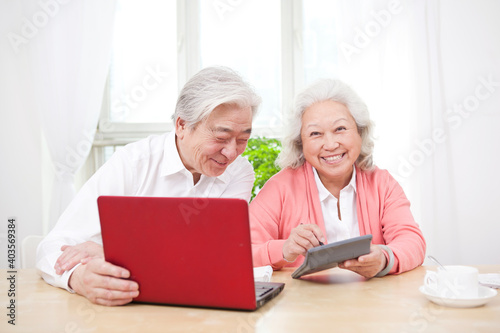 An old couple using laptop and calculator 