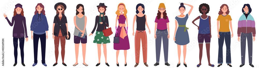 Set of women dressed in trendy casual clothes. Flat cartoon illustration Set of women dressed in trendy casual clothes. Flat cartoon illustration