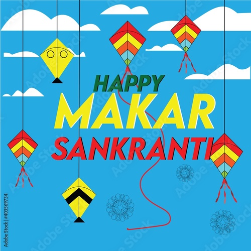 Happy Makar Sankranti  India festival with sky  background and kite. vector illustration