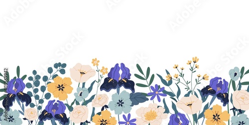 Gorgeous floral backdrop with border of blooming flowers and leaves. Design of horizontal banner with elegant irises and roses isolated on white background. Colorful flat vector illustration