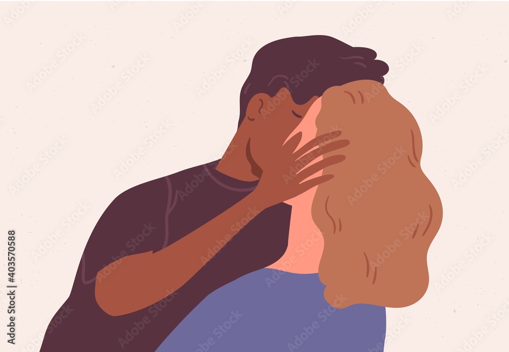 Cute multiracial couple kissing. Romantic relations between man and woman. Young people in love isolated. Boyfriend touching girlfriend's face tenderly. Colorful flat vector illustration Cute multiracial couple kissing. Romantic relations between man and woman. Young people in love isolated. Boyfriend touching girlfriend's face tenderly. Colorful flat vector illustration